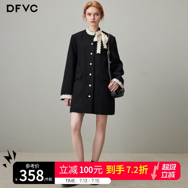 dfvc黑色赫本风长袖连衣裙女2024冬季新款蕾丝飘带小个子加厚外套
