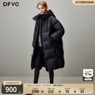 dfvc黑色中长款泡芙羽绒服女2026年冬季新款连帽加厚白鸭绒面包服