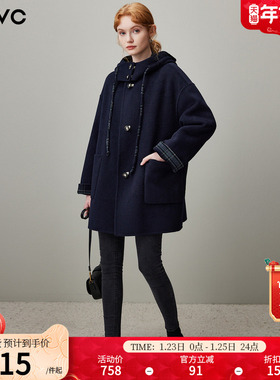 dfvc韩版中长款羊毛呢外套女2025年冬季新款可拆帽宽松双面呢大衣