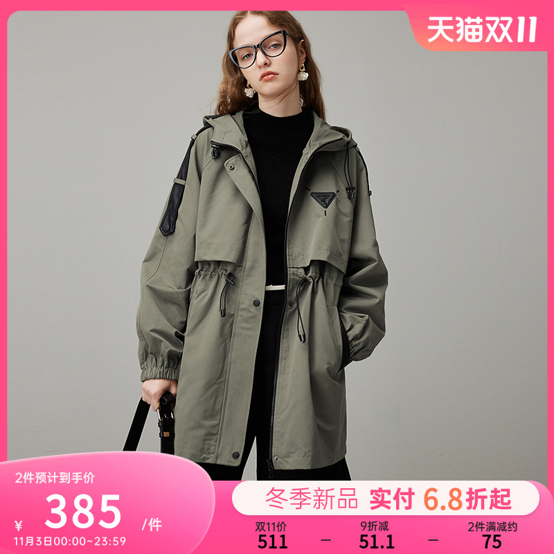 dfvc连帽风衣外套女新款显瘦工装休闲秋季大衣女款军绿色冲锋衣