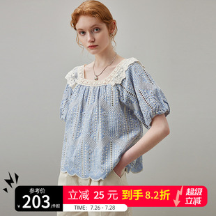 镂空蕾丝方领纯棉宽松娃娃衫 dfvc甜美风泡泡袖 秋季 衬衫 女2025新款