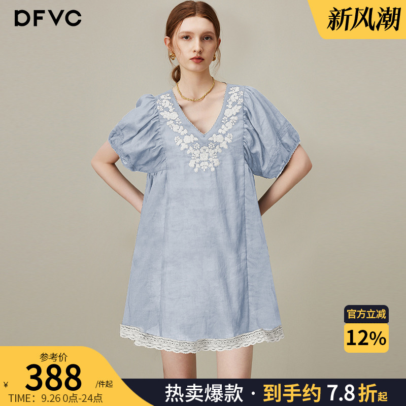 dfvc苎麻复古绣花V领衬衫裙