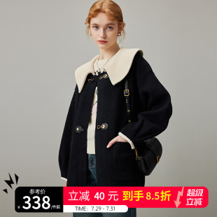 dfvc黑色娃娃領(lǐng)毛呢外套女2025新款 大衣厚 撞色牛角扣寬松短款 秋季