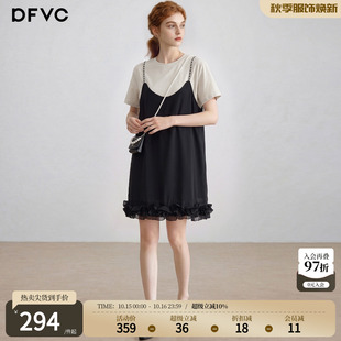 dfvc韩版休闲假两件拼接T恤裙女2026年夏季新款荷叶边宽松连衣裙