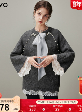 dfvc慵懒风中长款圆领毛衣女2025年冬季新款飘带宽松软糯针织衫