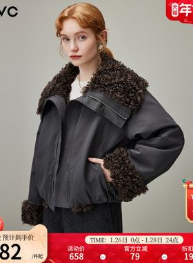 dfvc复古短款仿羊羔毛翻领派克服女2025年冬季新款保暖工装外套厚