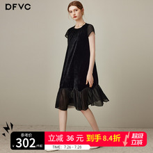 dfvc桑蚕丝真丝黑色复古丝绒连衣裙女2025夏季新款荷叶边宽松长裙