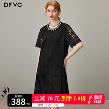 dfvc黑色洋气蕾丝连衣裙女2025年夏季新款拼接显瘦中长裙百褶裙薄