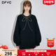 新款 dfvc黑色短款 圆领卫衣女2026春季 蝴蝶结钉珠休闲宽松套头上衣