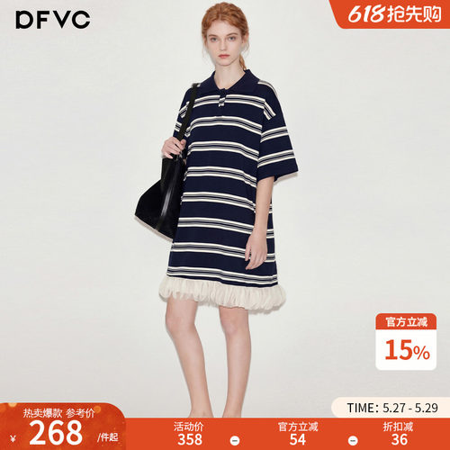 dfvc韩版休闲Polo领条纹T恤裙