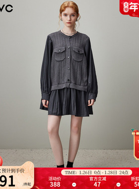 dfvc灰色假两件拼接针织连衣裙女2025年冬季新款宽松打底毛衣裙子