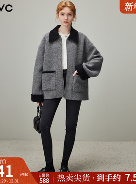 dfvc灰色韩版羊毛短款毛呢外套女2025年冬季新款翻领宽松加厚大衣