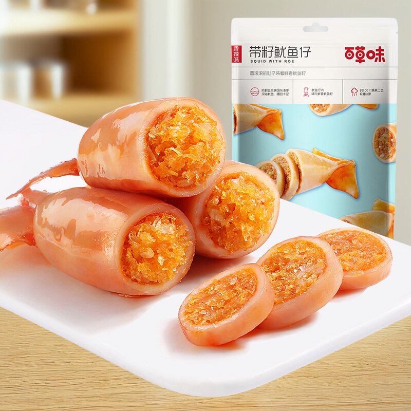 百草味带籽鱿鱼仔180g香辣鱿鱼仔墨鱼仔熟食即食大连海鲜休闲零食