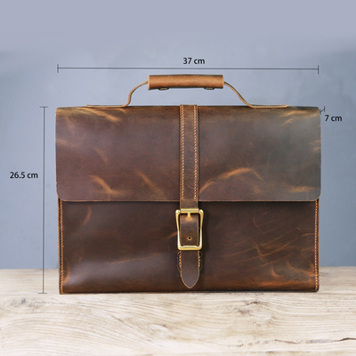 纯手工缝纫真皮疯马皮棕色复古个性笔记本电脑公文包LCB06S