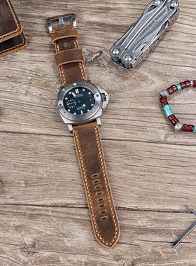 手工缝纫头层真皮疯马皮复古表带适用于沛纳海PANERAI表WS05BB