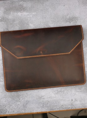 手工真皮头层牛皮疯马皮复古棕磁吸扣适用于苹果笔记本Macbook内胆包保护套电脑包美式复古咔叽带盖W10-LMCS