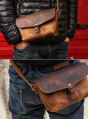 手工原创加厚头层牛皮疯马皮真皮美式复古腰包单肩包男士V02-LFPB
