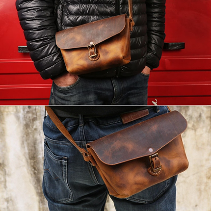 手工原创加厚头层牛皮疯马皮真皮美式复古腰包单肩包男士V02-LFPB