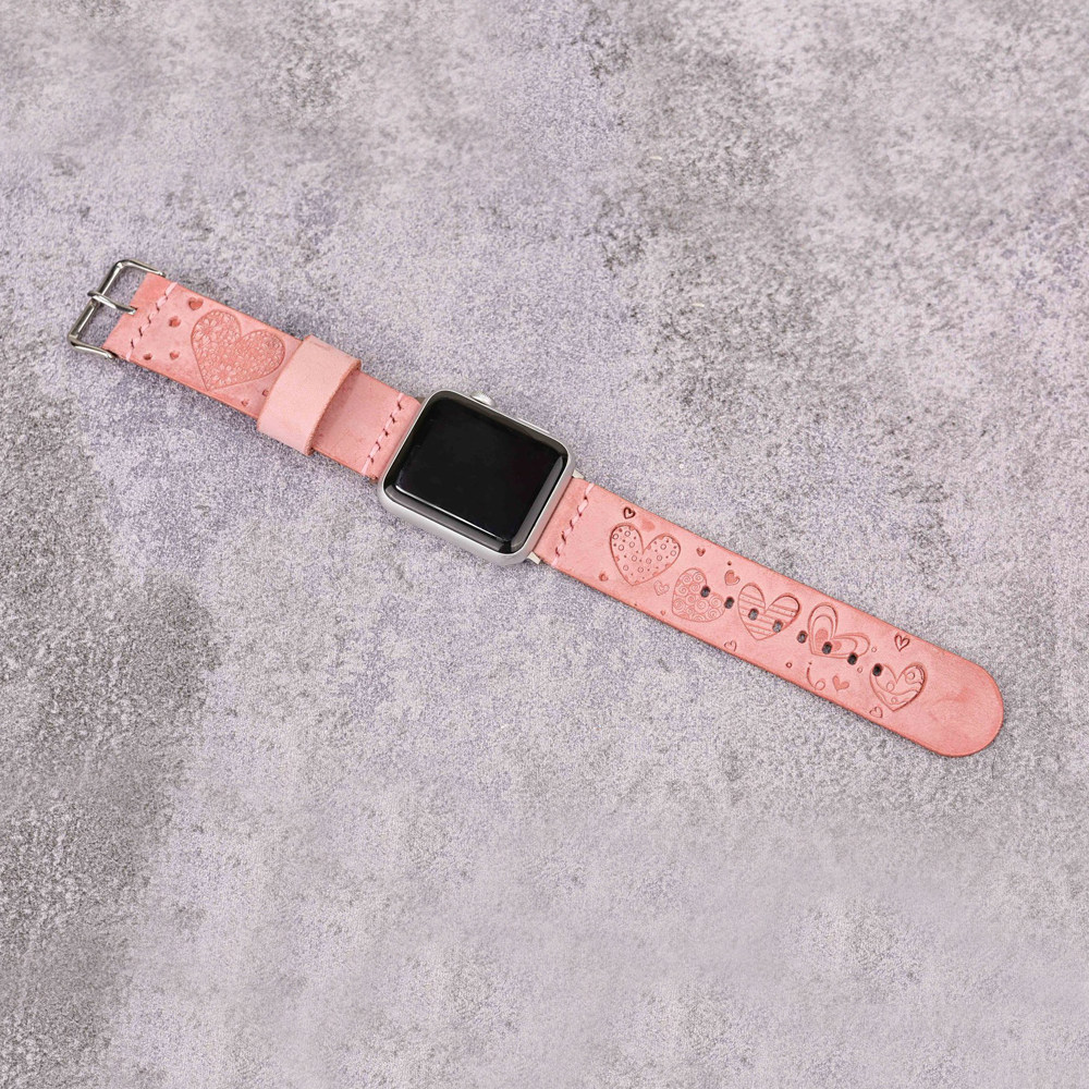 粉色雾蜡皮表带适用于苹果apple watch手表真皮压印