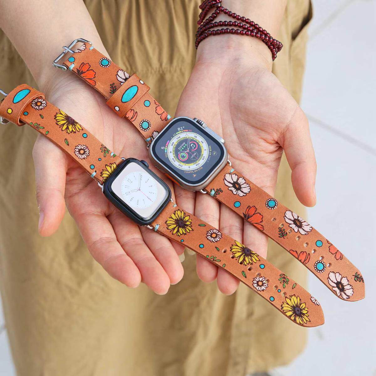 原创设计小众复古头层牛皮彩绘苹果手表apple watch表带CPSSBD