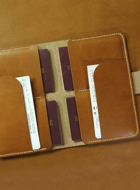 家庭护照本证件包4人款旅行手工真皮头层牛皮黄棕植鞣革FP414SL