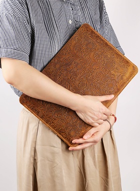 适用于苹果Macbook电脑保护套内胆包唐草纹手工头层牛皮疯马皮MACX20S