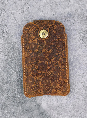 适用于苹果iPhone黄棕唐草纹疯马皮个性新款手机包穿皮带腰包头层牛皮欧美复古美式手机套W10-LPSN男士