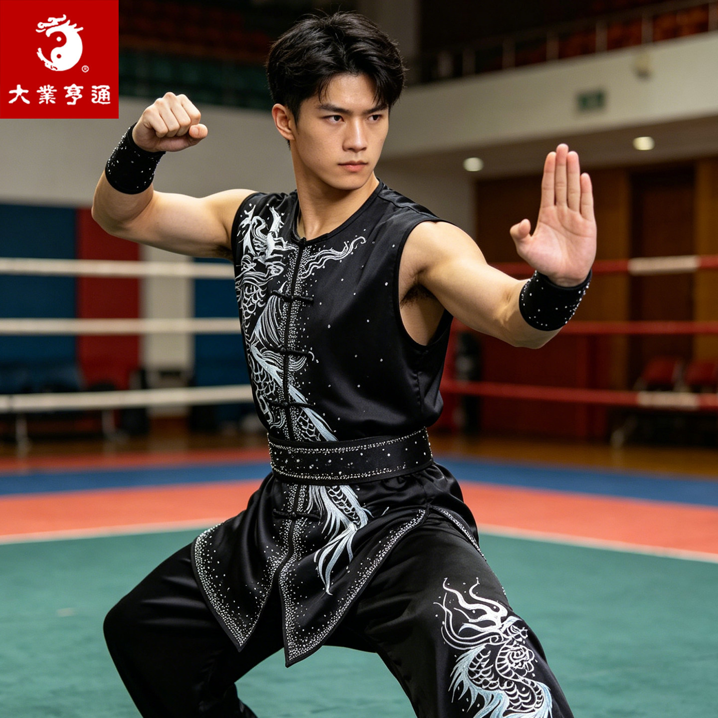 大业亨通南拳武术服装男黑色刺绣