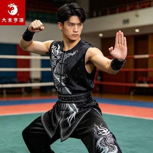 大业亨通南拳武术服装男黑色刺绣