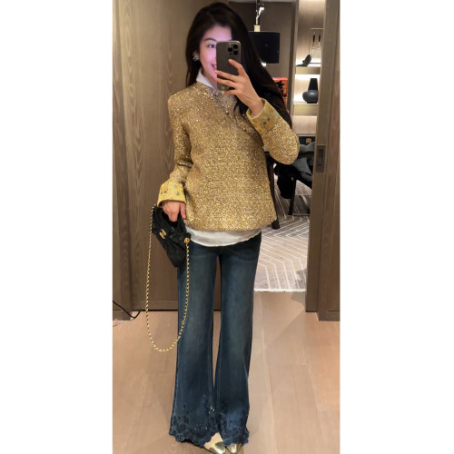 2 N.COU妮蔻26春新款时髦设计感蕾丝刺绣烫钻高腰显瘦微喇牛仔裤