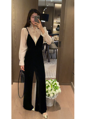 2N.COU妮蔻26春新款V领钉钻桑蚕丝吊带背带裤黑色百搭设计感显瘦