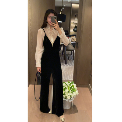 2N.COU妮蔻26春新款V领钉钻桑蚕丝吊带背带裤黑色百搭设计感显瘦