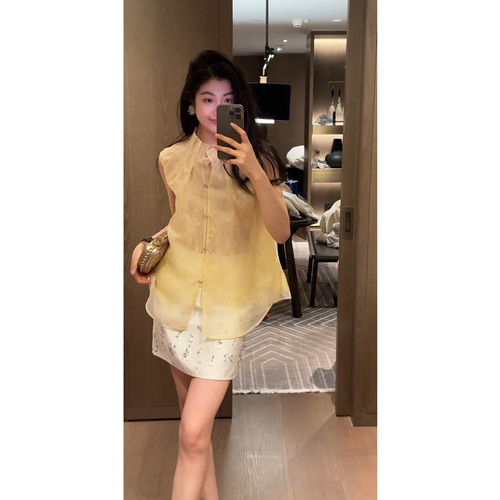 N.COU妮蔻26夏新款100%桑蚕丝压褶花瓣领微透衬衫新中式无袖上衣