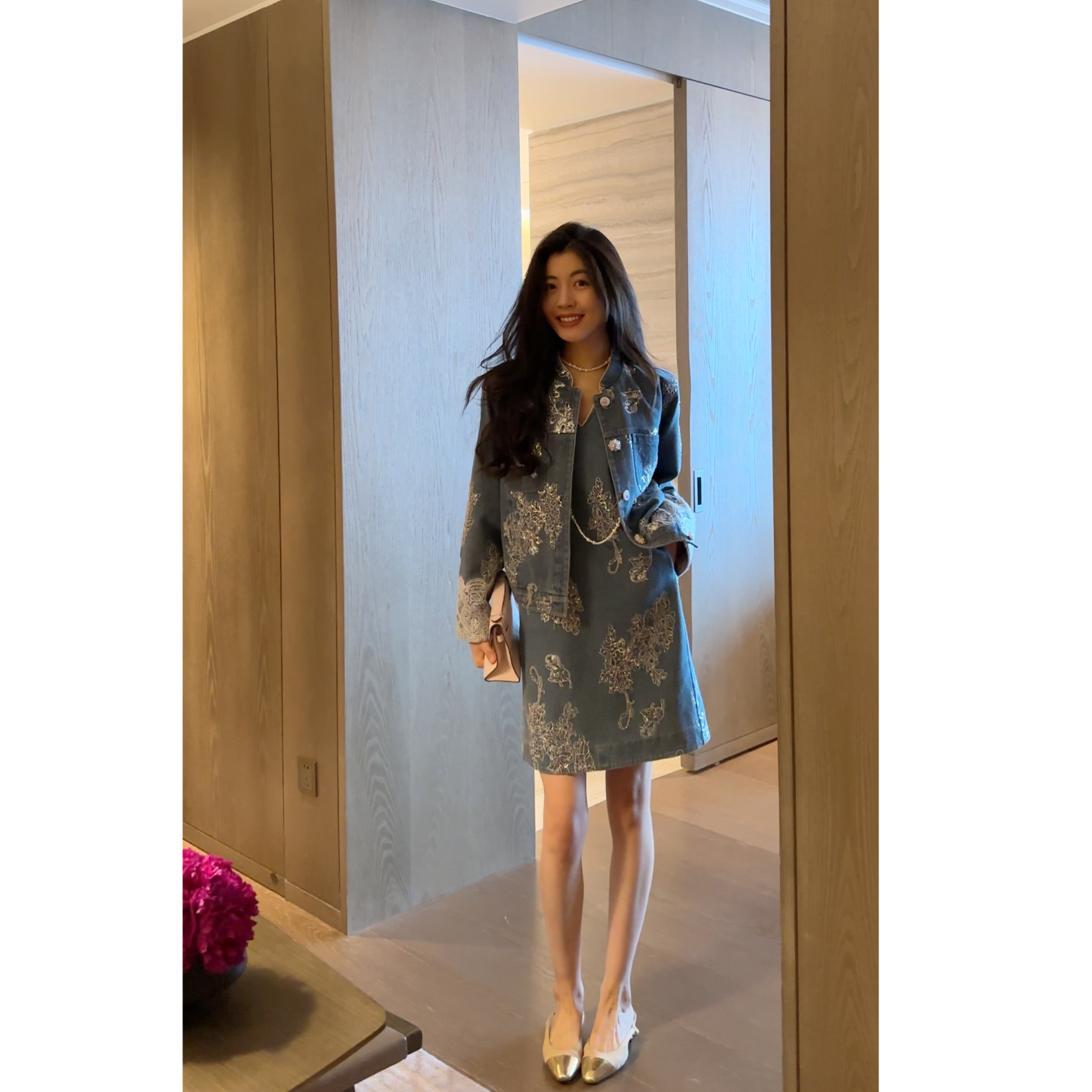 N.COU妮蔻25春新款设计感别致重工刺绣蕾丝牛仔外套背心裙套装