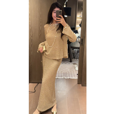 N.COU妮蔻26春新款时髦精致气质圆领珠花装饰针织上衣半裙套装