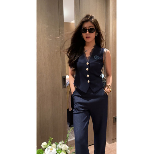 N.COU妮蔻26夏新款小香风气质轻奢V领蕾丝拼接马甲微喇裤套装女