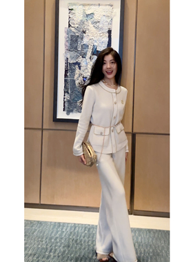 N.COU妮蔻25冬新款法式小香风贵气感轻奢编织肌理感上衣裤子套装