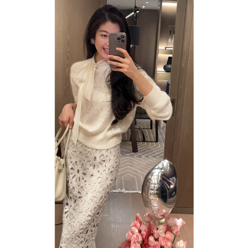 N.COU妮蔻26春新款洋气设计感千金风蕾丝钩花套头系带针织衫毛衣