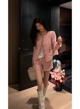 N.COU妮蔻25秋新款法式复古精致洋气粉色小香风格纹外套短裤套装
