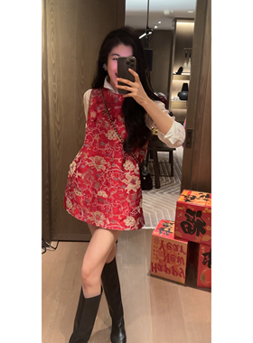 N.COU妮蔻26春新款新中式重工刺绣亮片新年喜庆红色无袖连衣裙