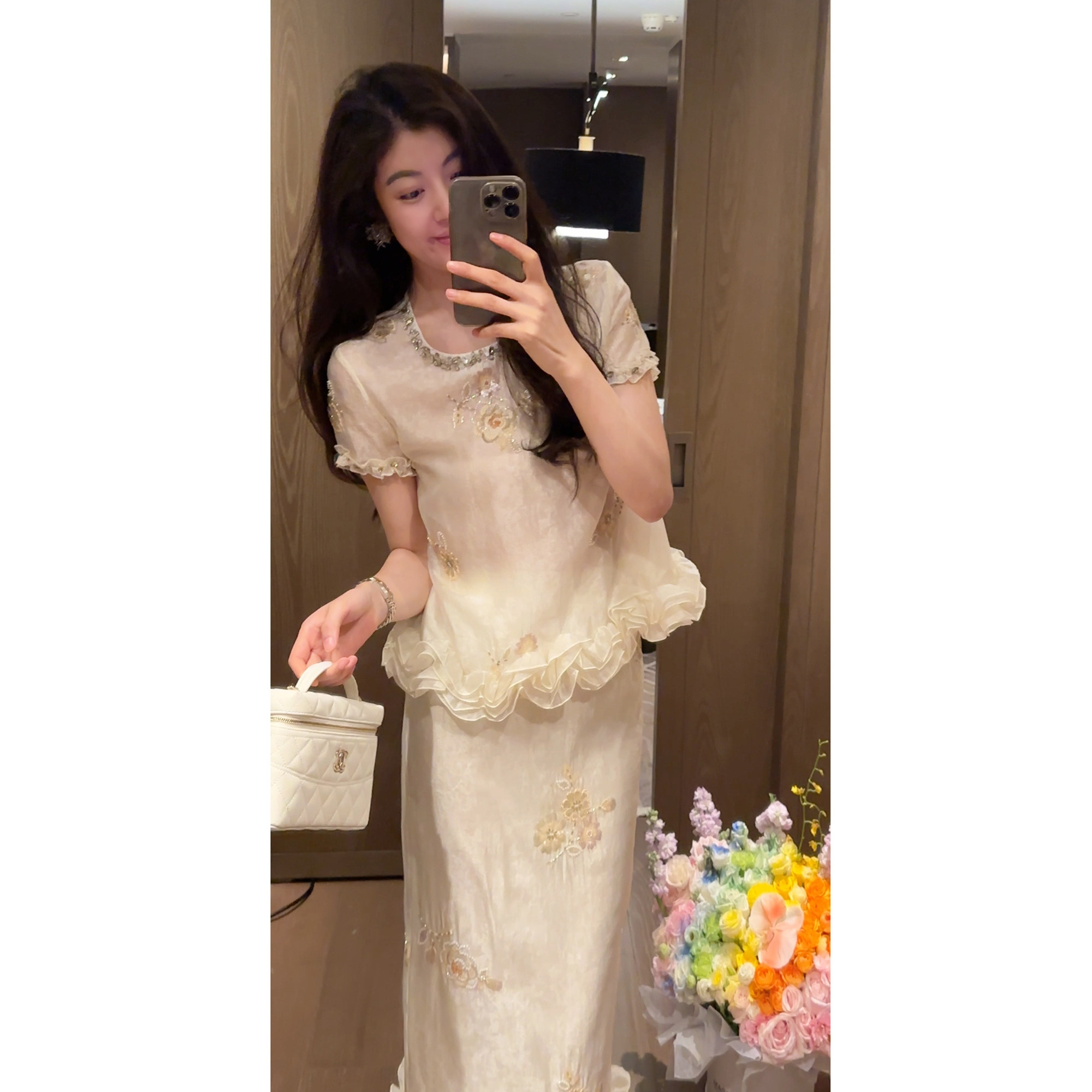 N.COU妮蔻26夏新款新中式复古设计感绣花钉钻荷叶边上衣半裙套装