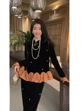 N.COU妮蔻25冬新款复古新中式贵气感钉珠撞色黑色丝绒马甲套装