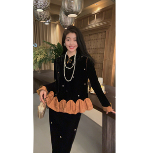 贵气感钉珠撞色黑色丝绒马甲套装 N.COU妮蔻25冬新款 复古新中式