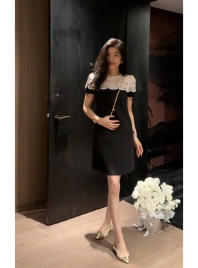 N.COU妮蔻25夏新款时尚气质大方黑色显瘦蕾丝拼接设计短袖连衣裙