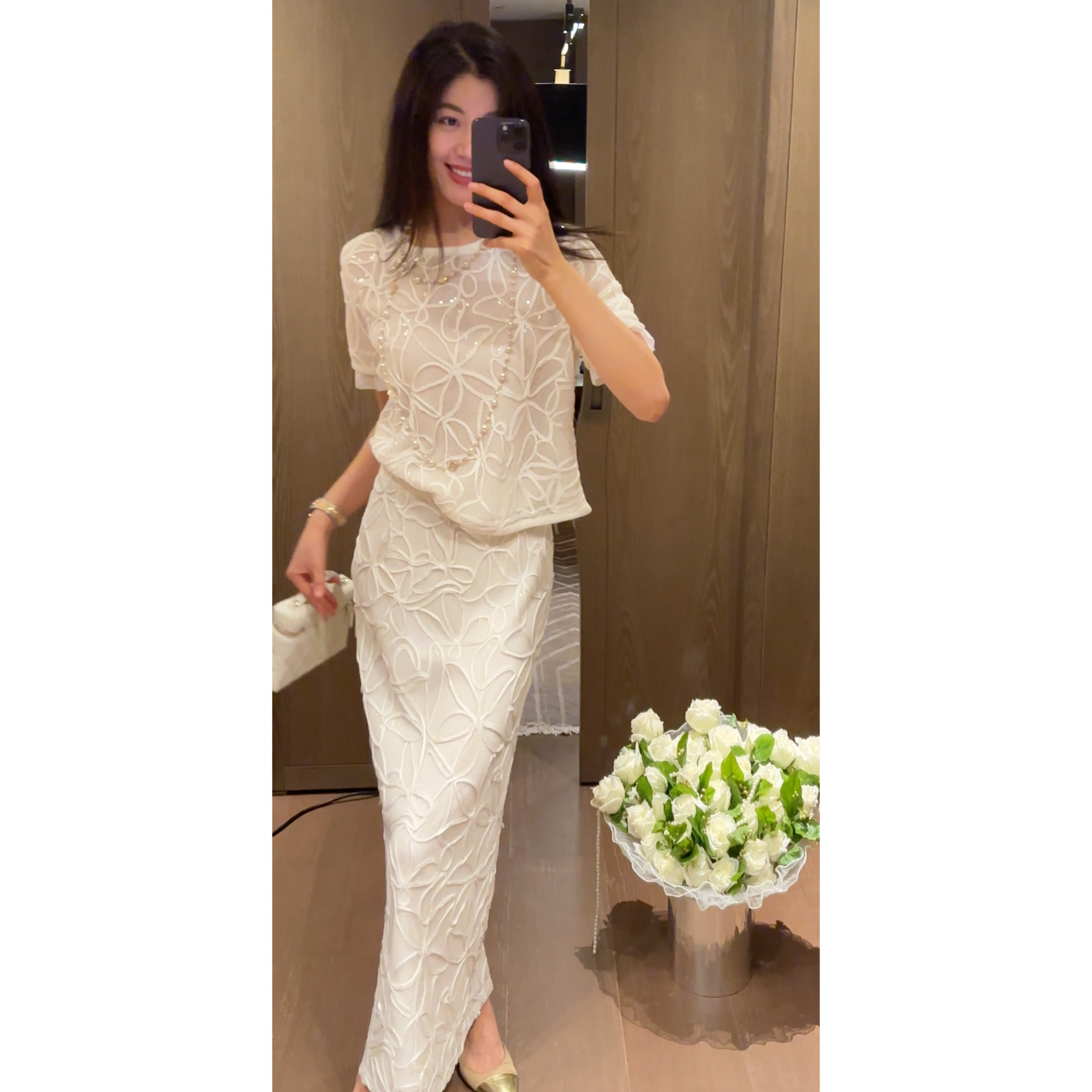 N.COU妮蔻26夏新款优雅气质盘花蕾丝设计感显瘦上衣半裙套装女