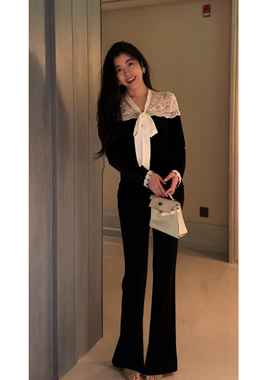 N.COU妮蔻25秋新款时髦气质百搭修身镂空系带蝴蝶结黑色丝绒上衣