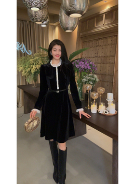 N.COU妮蔻25冬新款赫本风洋气时髦优雅收腰显瘦黑色丝绒连衣裙