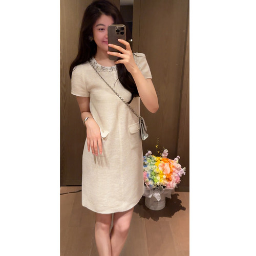 N.COU妮蔻26夏新款编织肌理感钉钻亚麻连衣裙女显瘦老钱风短裙