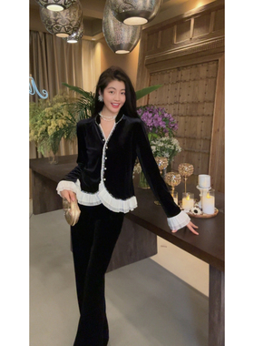 【N·COU】25冬新款【人鱼尾】撞色荷叶边V领丝绒上衣DY61336-1