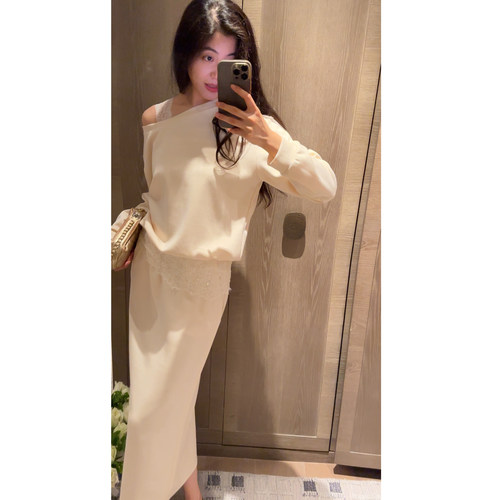 2N.COU妮蔻26春新款小众设计感蕾丝拼接假两件斜肩上衣半裙套装